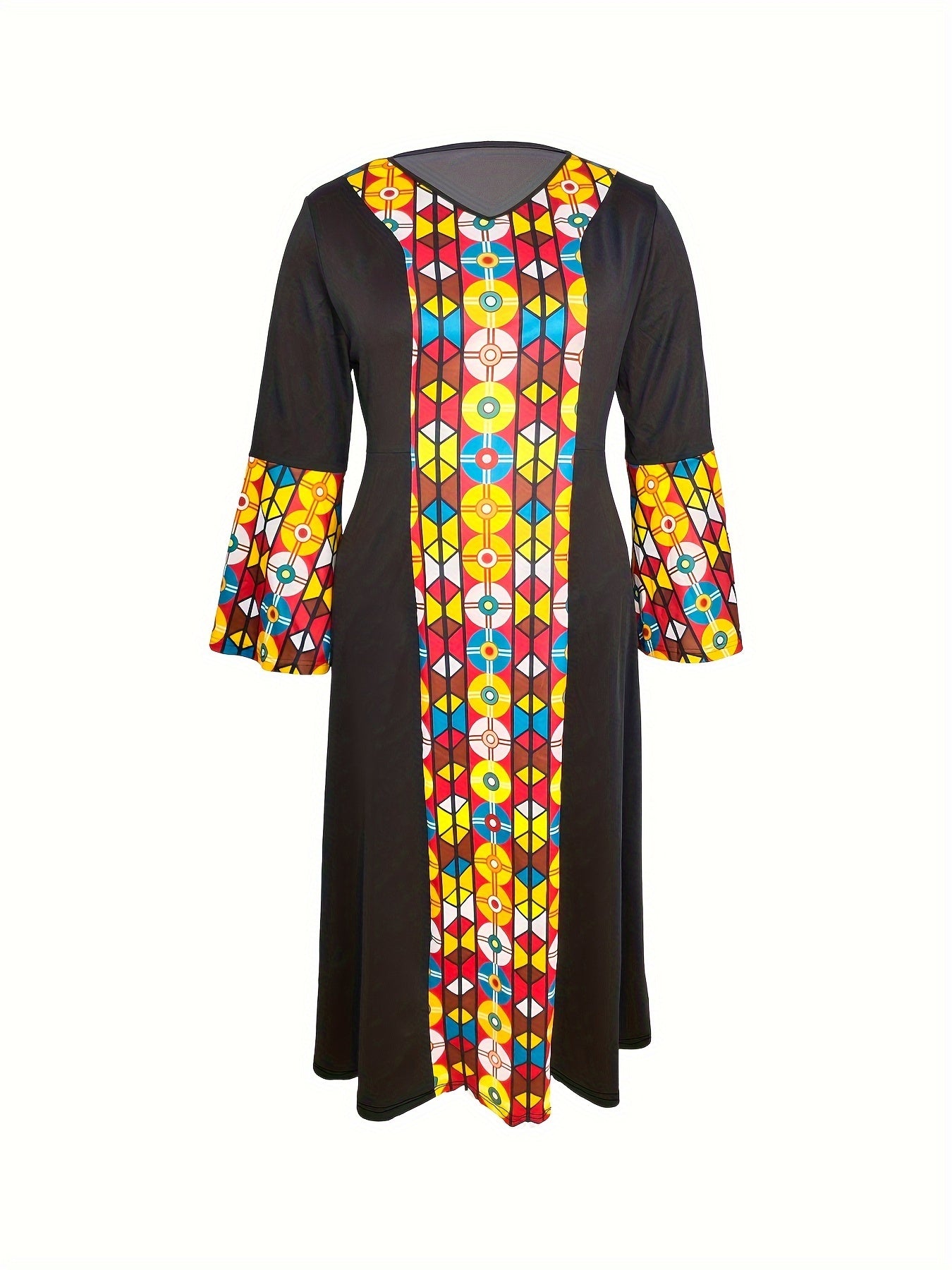 Women's Plus Size Ethnic Style Dress - Colorblock Tribal Print Bell Sleeve Round Neck Maxi Dress - For Women Size 14-24 - Suitable for Casual Wear, Parties & Festivals - Perfect Gift for Fashionable Women